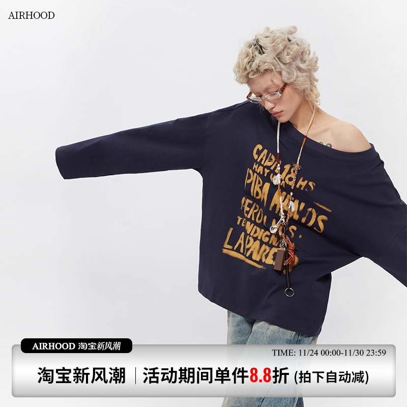 AIRHOOD 2025春秋季字母印花设计感斜肩长袖上衣辣妹宽松T恤女ins