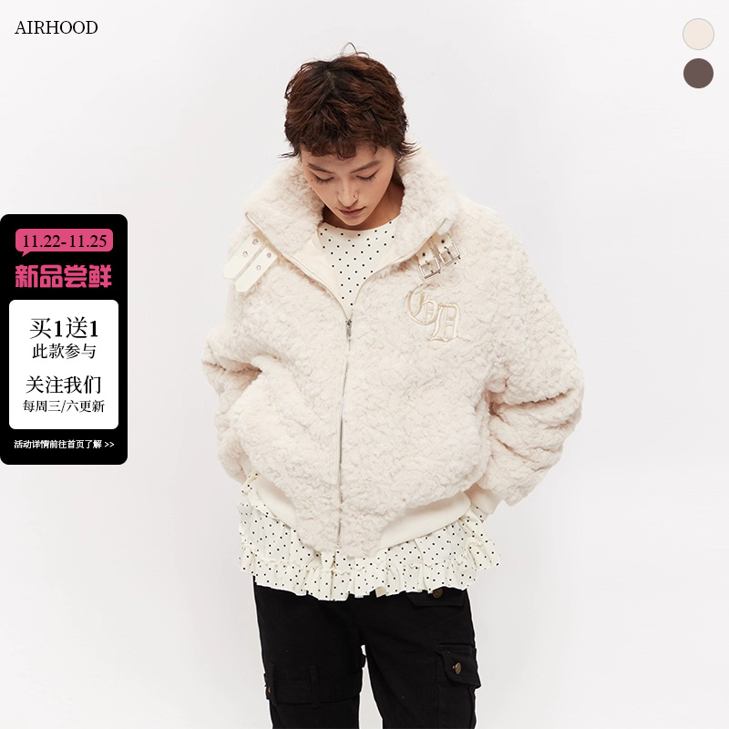 AIRHOOD 2025冬季美式复古羊羔毛立领棉服女宽松bf风加厚保暖外套
