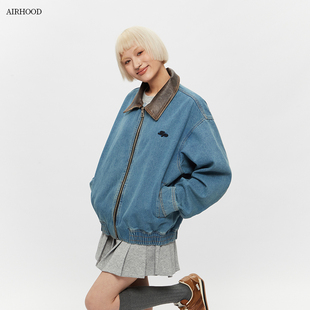 AIRHOOD 2025春季新款复古重磅洗水牛仔夹克女皮领巴恩风情侣外套