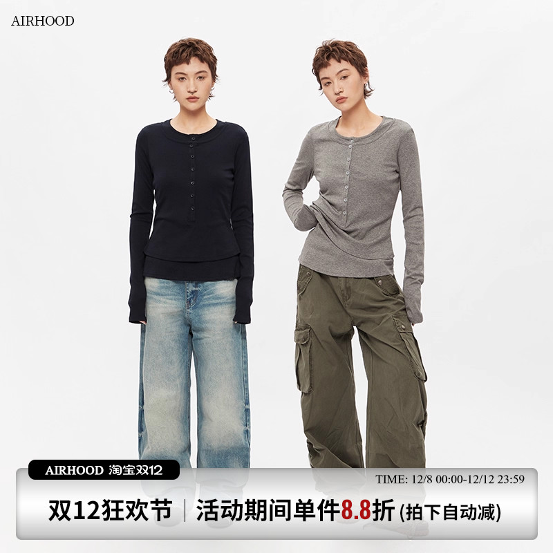 AIRHOOD 2025春秋季假两件亨利领内搭打底上衣修身显瘦长袖T恤女