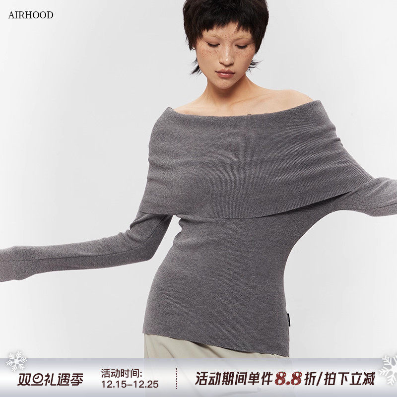 AIRHOOD 2025气质修身显瘦长袖针织衫毛衣女秋冬季一字领露肩上衣