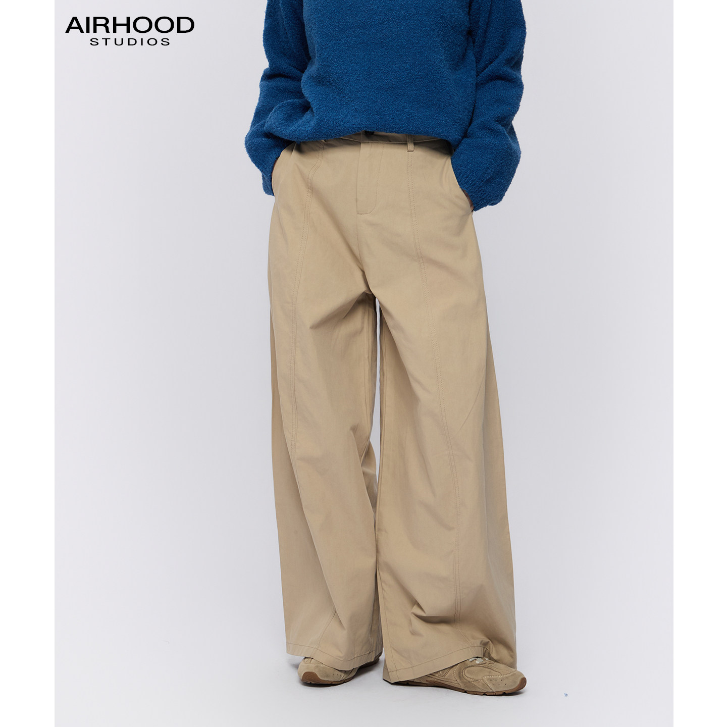 AIRHOOD 极简风高腰阔腿裤女春秋季宽松休闲卡其色百搭直筒长裤子