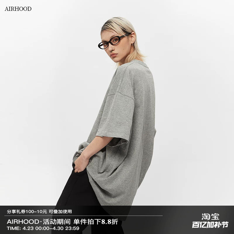 AIRHOOD美式中长款纯棉oversize休闲短袖T恤女大版宽松半袖上衣夏