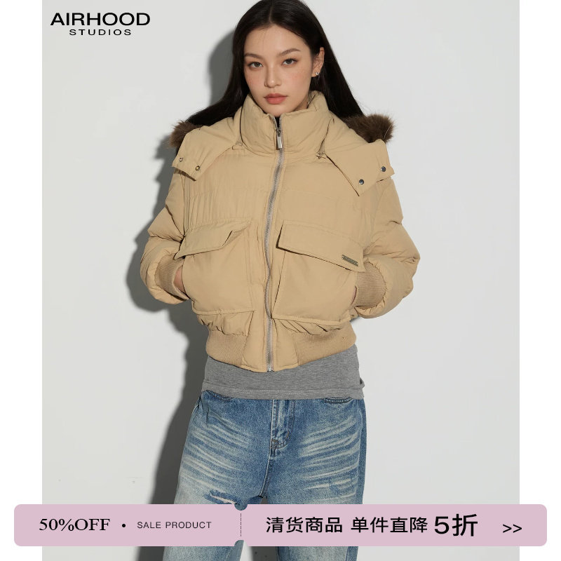 AIRHOOD 五折清仓工装风连帽毛领短款棉服女收腰保暖显瘦冬季外套
