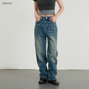 女宽松阔腿情侣长裤 欧美高街风重工铆钉直筒牛仔裤 子 春季 AIRHOOD