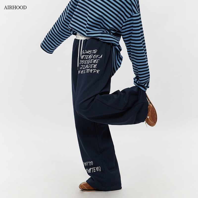 AIRHOOD 美式复古拼接字母印花运动休闲卫裤女宽松直筒阔腿长裤春