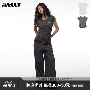 甜辣妹紧身T恤女 纯欲风V领短款 短袖 显瘦上衣皱褶修身 AIRHOOD 美式