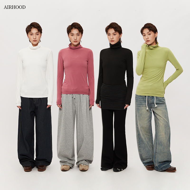 AIRHOOD 极简风高领长袖T恤女修身显瘦内搭打底衫基础款百搭上衣