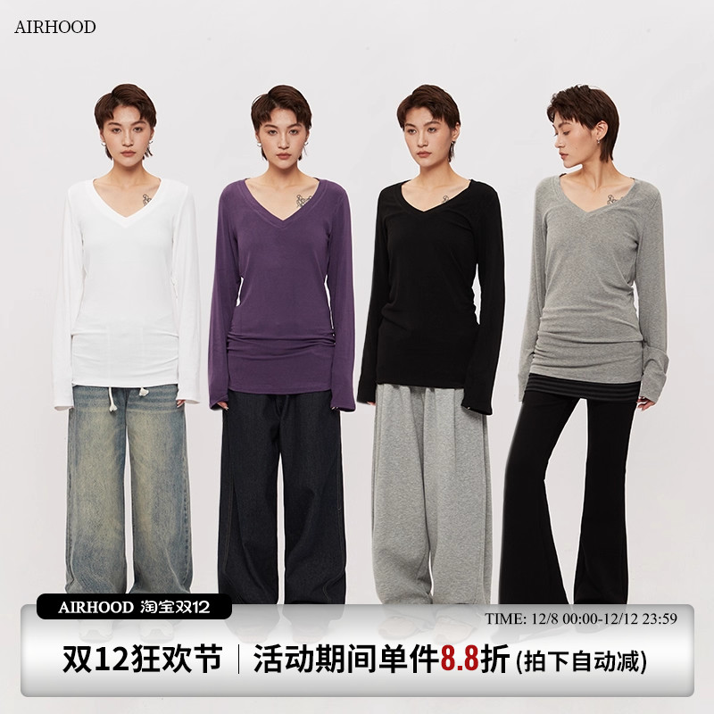 AIRHOOD 2025秋冬季极简风V领长袖T恤女修身显瘦内搭打底纯色上衣