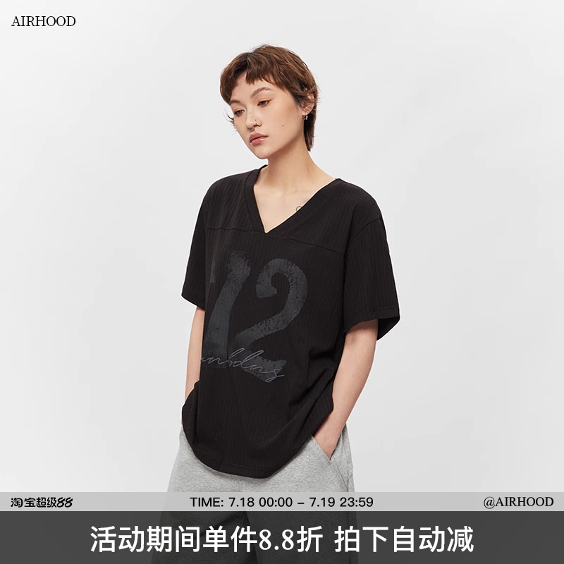 AIRHOOD 美式2025夏季字母V领辣妹上衣大领口宽松慵懒短袖T恤女