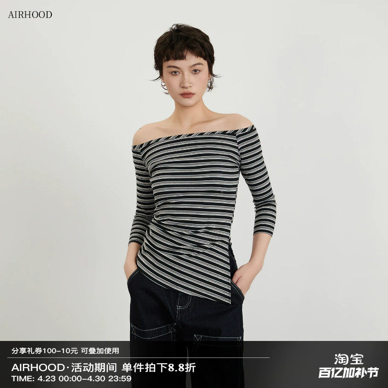 AIRHOOD 欧美辣妹七分袖一字领条纹T恤女长袖修身收腰露肩上衣春