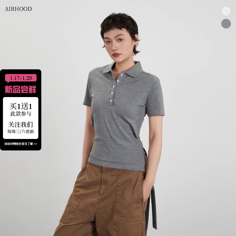 AIRHOOD 学院风polo领短袖T恤女修身正肩绑带设计感辣妹短款上衣,女装/女士精品,T恤,淘宝优惠券,粉丝福利购,淘宝优惠卷
