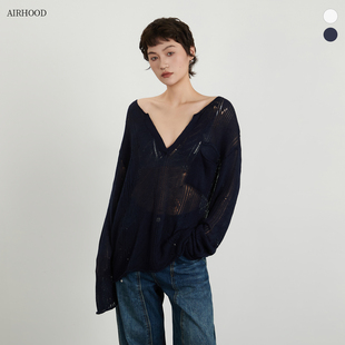 罩衫 AIRHOOD 女深V领慵懒长袖 欧美微透镂空针织衫 上衣 2026春夏季