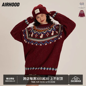 AIRHOOD 秋冬季新款圆领宽松套头针织衫女斑点麻花情侣圣诞节毛衣