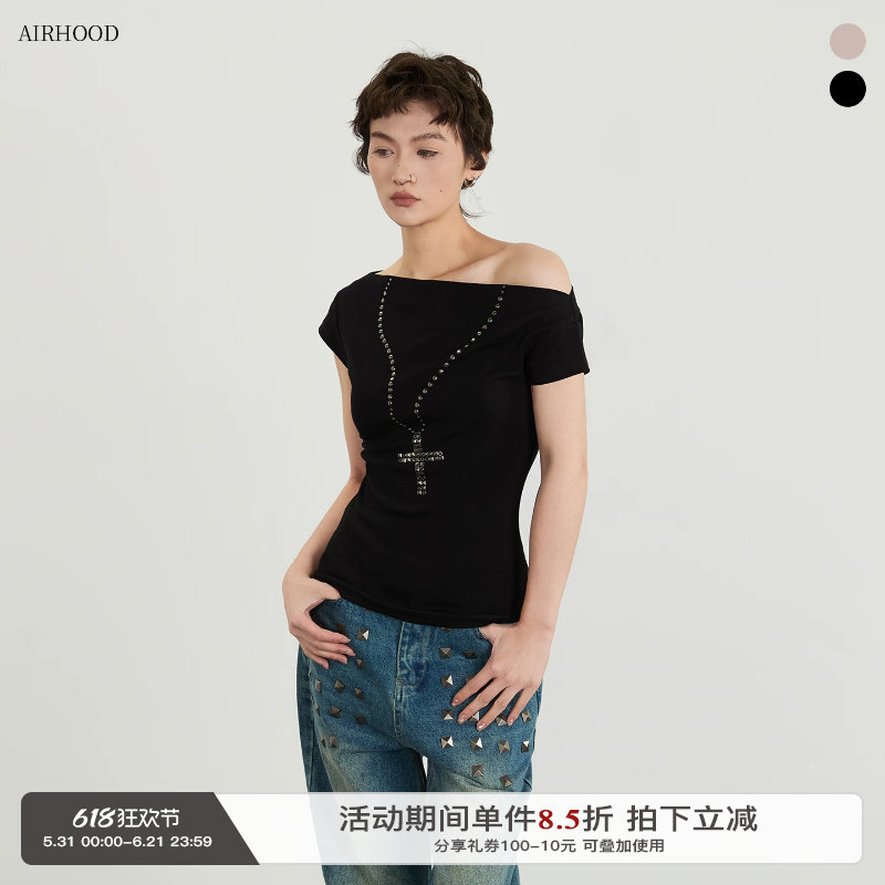 AIRHOOD 夏季欧美斜肩短袖T恤女ins修身露肩一字肩辣妹设计感上衣