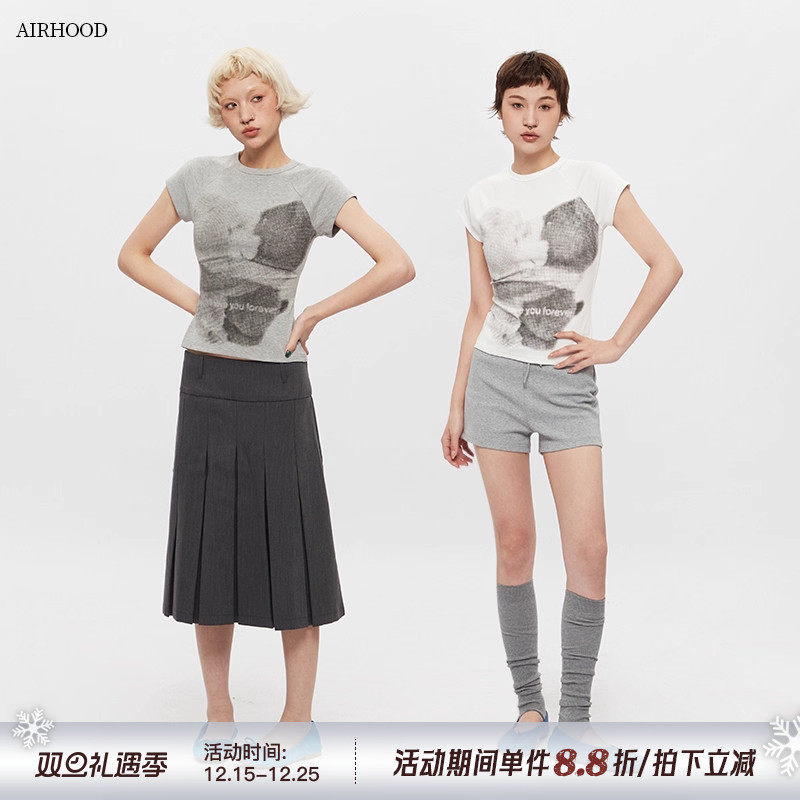 AIRHOOD美式圆领复古正肩短袖T恤女修身印花夏季短款辣妹紧身上衣