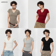 AIRHOOD  2025红色夏季纯欲简约修身显瘦低V领正肩短袖T恤上衣女