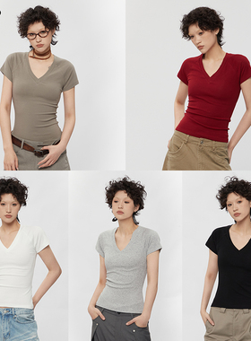 AIRHOOD  2025红色夏季纯欲简约修身显瘦低V领正肩短袖T恤上衣女