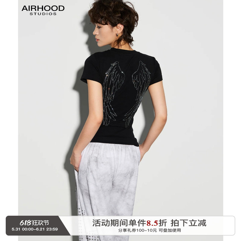 AIRHOOD 美式辣妹烫钻天使翅膀短袖T恤女修身显瘦设计感正肩上衣