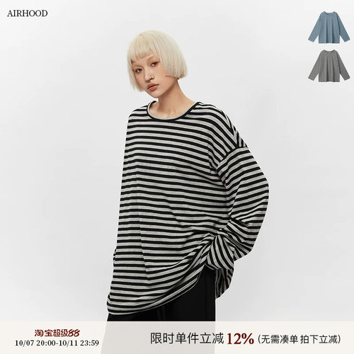 AIRHOOD 2025秋季oversize时尚条纹t恤女长袖宽松慵懒松弛感上衣