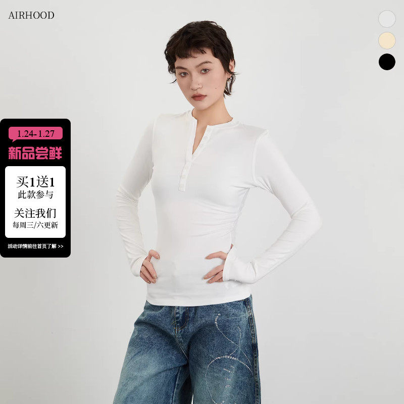 AIRHOOD 春秋纯色亨利领长袖T恤女ins修身显瘦打底衫内搭韩系上衣,女装/女士精品,T恤,淘宝优惠券,粉丝福利购,淘宝优惠卷
