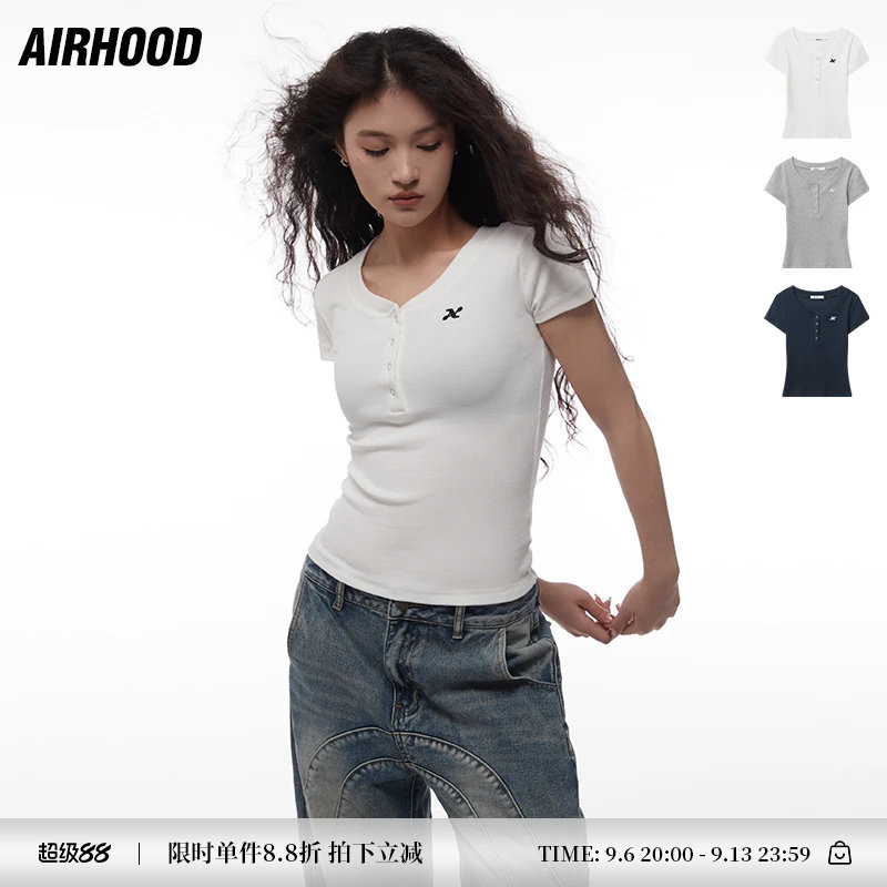 AIRHOOD 夏季修身纽扣V领大口正肩辣妹短款纯色短袖T恤上衣女ins图片