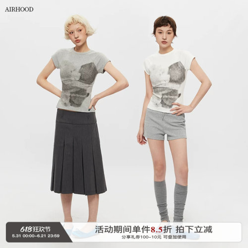 AIRHOOD美式圆领复古正肩短袖T恤女修身印花夏季短款辣妹紧身上衣