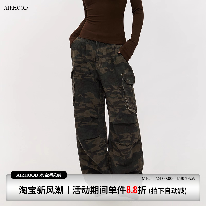 AIRHOOD 美式工装迷彩阔腿裤情侣宽松直筒多口袋设计感休闲长裤女