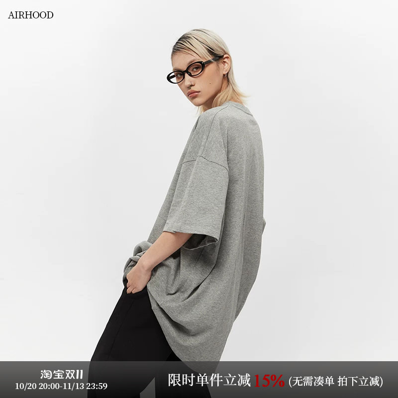 AIRHOOD美式中长款纯棉oversize休闲短袖T恤女大版宽松半袖上衣夏