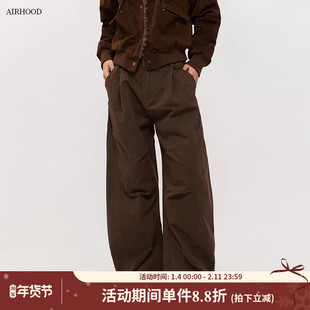 AIRHOOD 2025美式皱褶设计感阔腿工装裤女宽松直筒情侣弯刀休闲裤