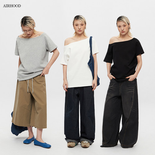 AIRHOOD 2026夏季新款辣妹一字领设计上衣女露肩小众斜肩短袖T恤