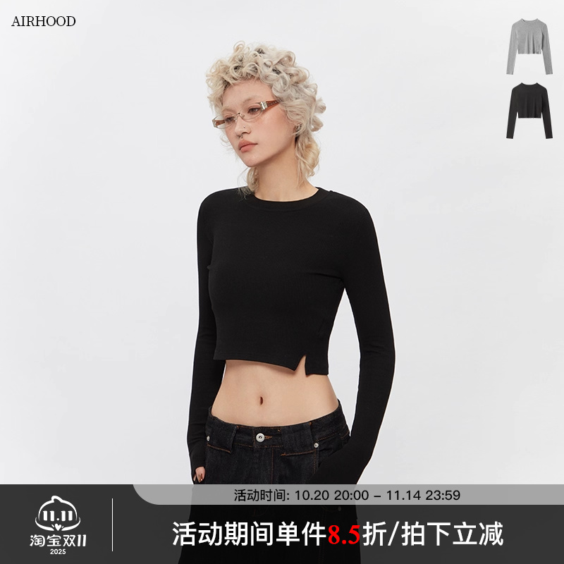 AIRHOOD 2025春秋季紧身短款辣妹内搭T恤修身圆领打底长袖上衣女