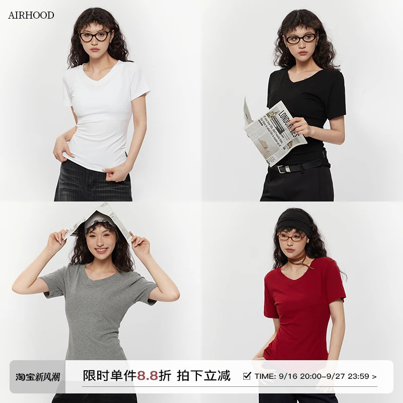 AIRHOOD 基础款白色v领短袖T恤女2025夏修身显瘦百搭正肩短款上衣										