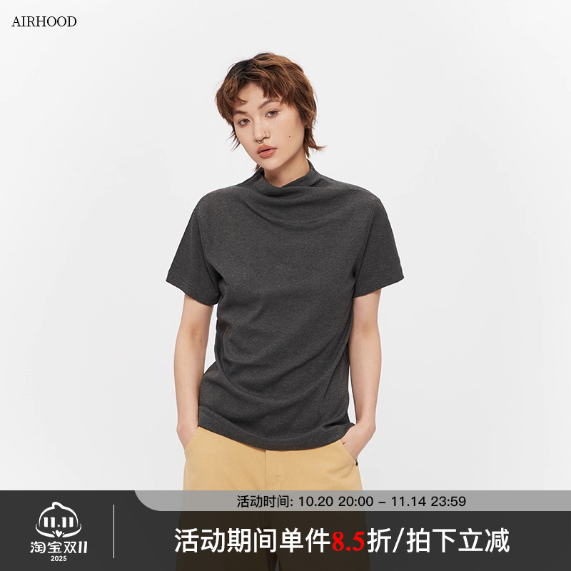 AIRHOOD  2025夏季新款正肩修身短袖t恤女半高领显瘦休闲情侣上衣