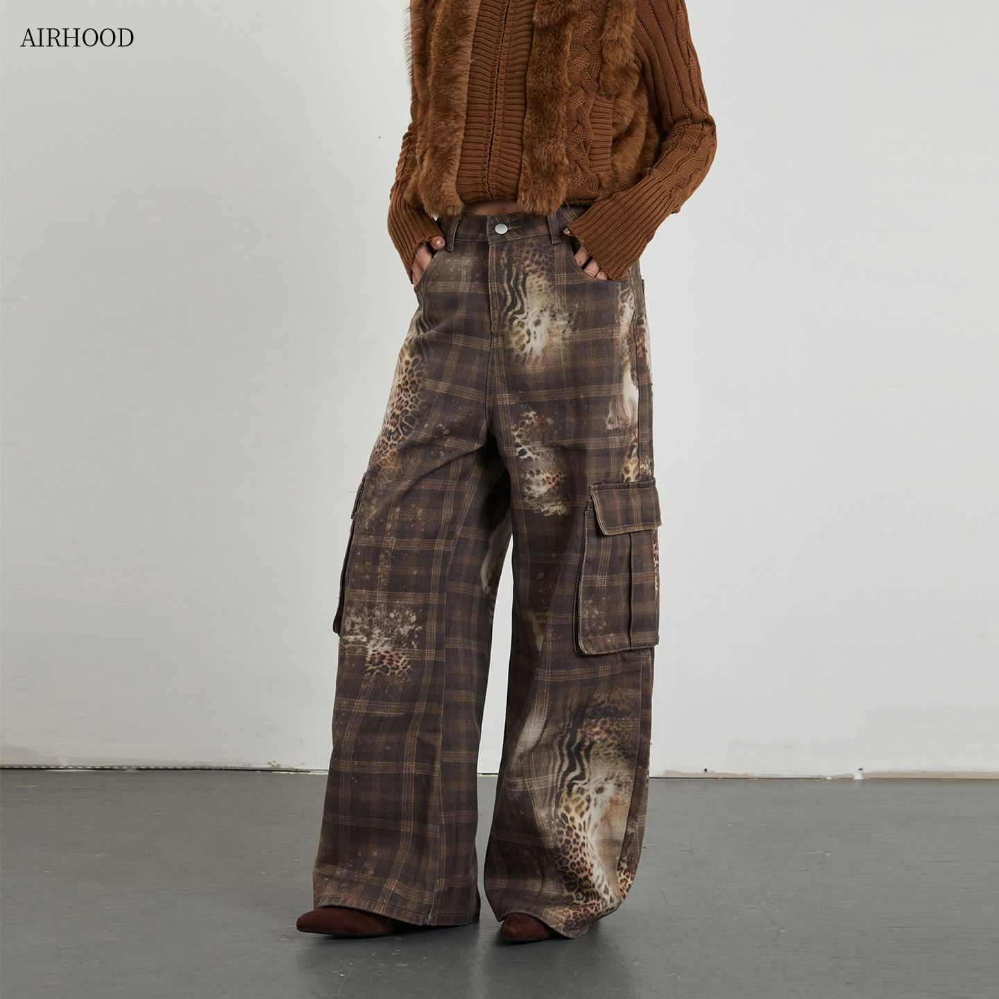 AIRHOOD美式复古设计感工装阔腿休闲裤女ins潮牌豹纹直筒宽松裤子