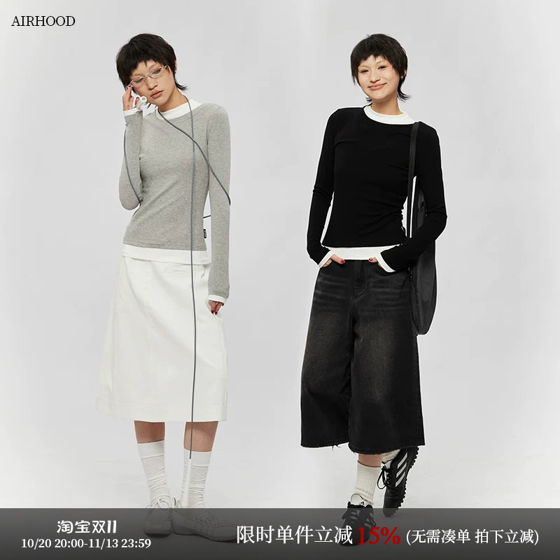 AIRHOOD2025秋季拼接假两件长袖上衣内搭打底衫修身显瘦美式T恤女