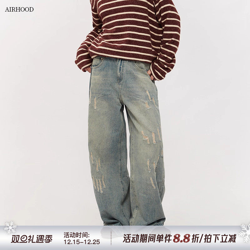 AIRHOOD 2025美式复古做旧磨破牛仔裤女高街情侣宽松阔腿直筒长裤
