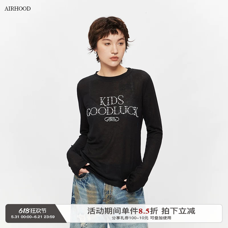 AIRHOOD 2025年新款烫钻字母薄款防晒罩衫上衣修身显瘦长袖T恤女