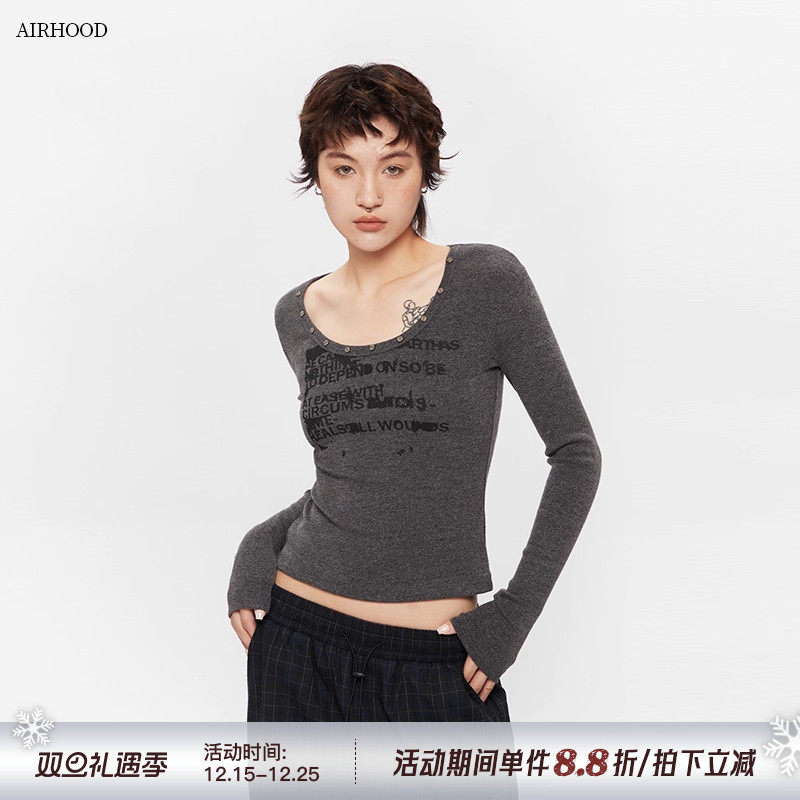 AIRHOOD 秋季新款美式字母印花复古U领长袖t恤女内搭短款辣妹上衣