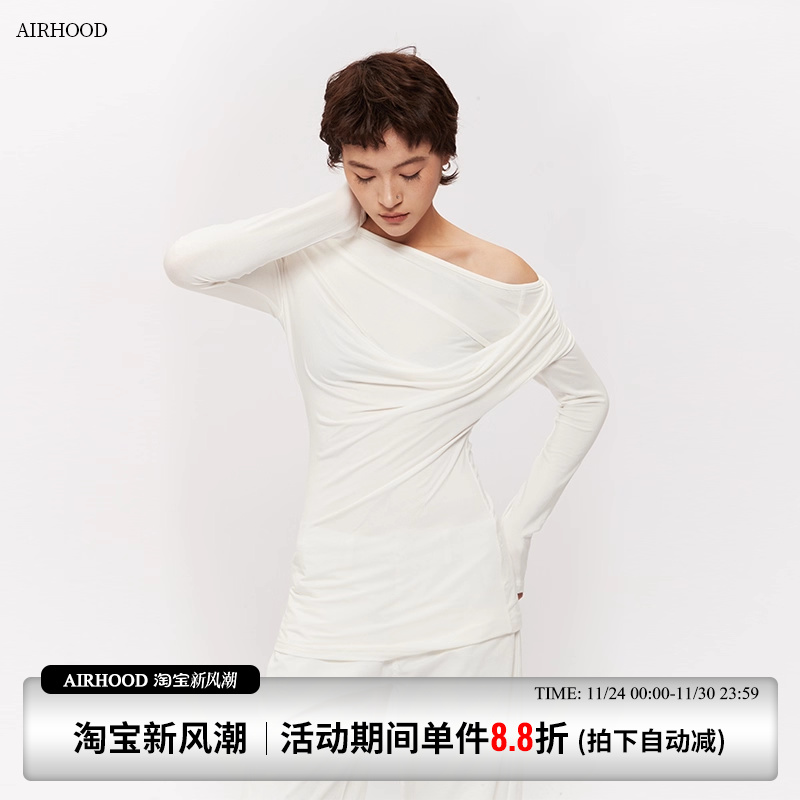 AIRHOOD 秋季极简风斜肩长袖T恤女设计感性感露肩修身辣妹上衣ins