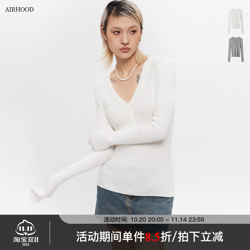 AIRHOOD春秋2025深V领辣妹修身长袖针织衫修身百搭内搭打底上衣女