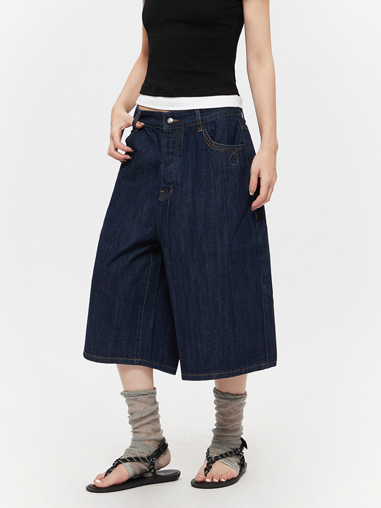 2025 Summer New Straight Wide-Leg Retro Cropped Pants American Loose Denim Shorts for Men and Women