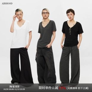 AIRHOOD 2026修身简约V领短袖T恤女大领口半袖显瘦慵懒上衣夏季