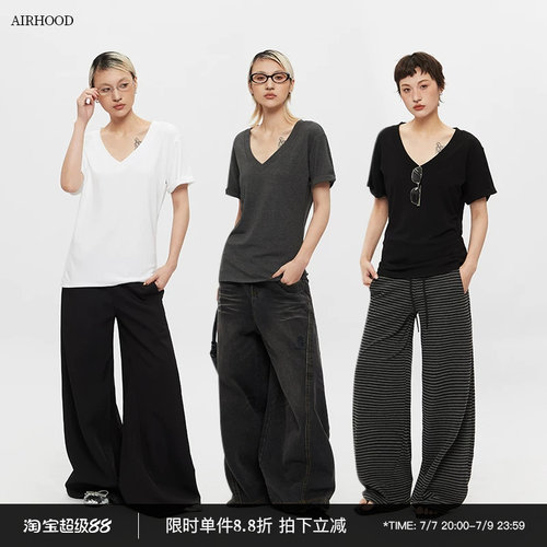 AIRHOOD 2026修身简约V领短袖T恤女大领口半袖显瘦慵懒上衣夏季