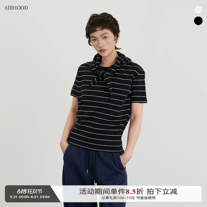 AIRHOOD 2026夏季条纹领结披肩短袖T恤女设计感小众显瘦休闲上衣