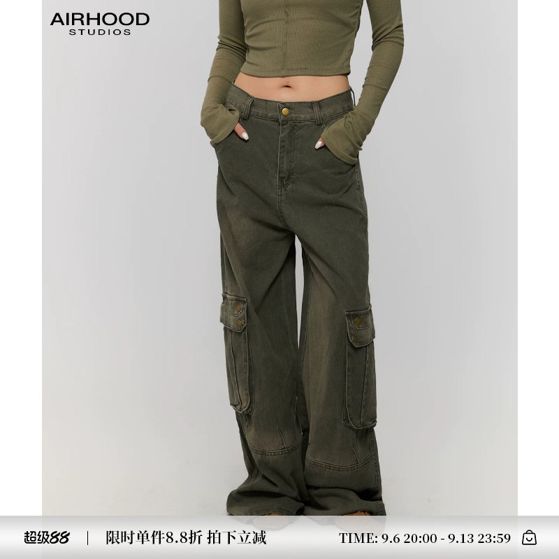 AIRHOOD 美式复古军绿色工装牛仔裤女高腰多口袋直筒宽松阔腿长裤图片