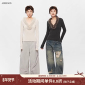 内搭打底衫 AIRHOOD T恤女 上衣美式 毛毛V领修身 2025秋冬季 高级长袖