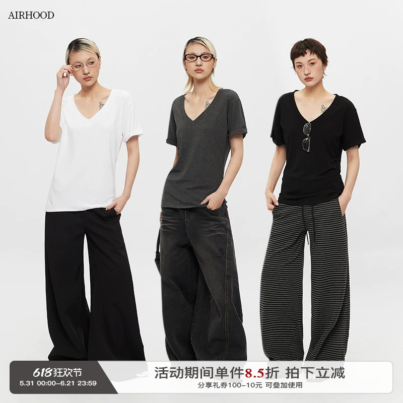 AIRHOOD 2026修身简约V领短袖T恤女大领口半袖显瘦慵懒上衣夏季
