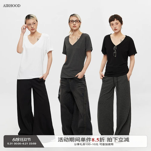 AIRHOOD 2026修身简约V领短袖T恤女大领口半袖显瘦慵懒上衣夏季