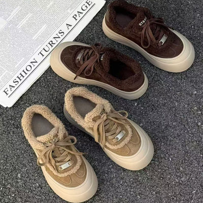 增高但不重！牛皮绒女士板鞋系脚休闲鞋大头鞋面包鞋#118-3088-8